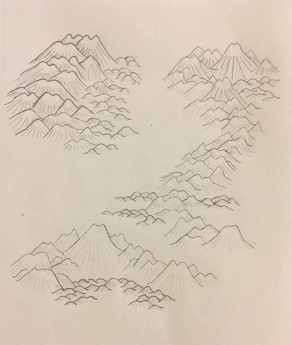 Pencil sketches of mountains ranges and hills